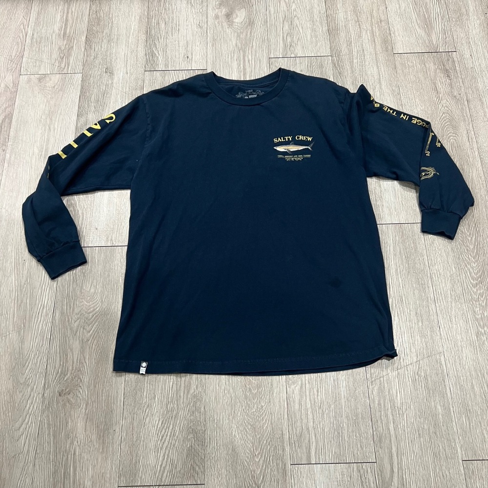 Salty Crew Mens Large Long Sleeve Shark Fishing T Shirt Navy Blue